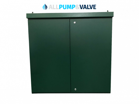 Double door steel kiosk in racing green colour with ventilation and lifting points.